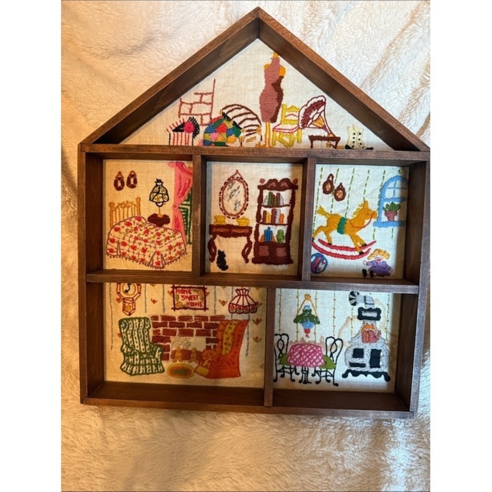 Vintage Wooden Shadow Box House Hand Embroidered Room Scenes Wall Decor Kitsch